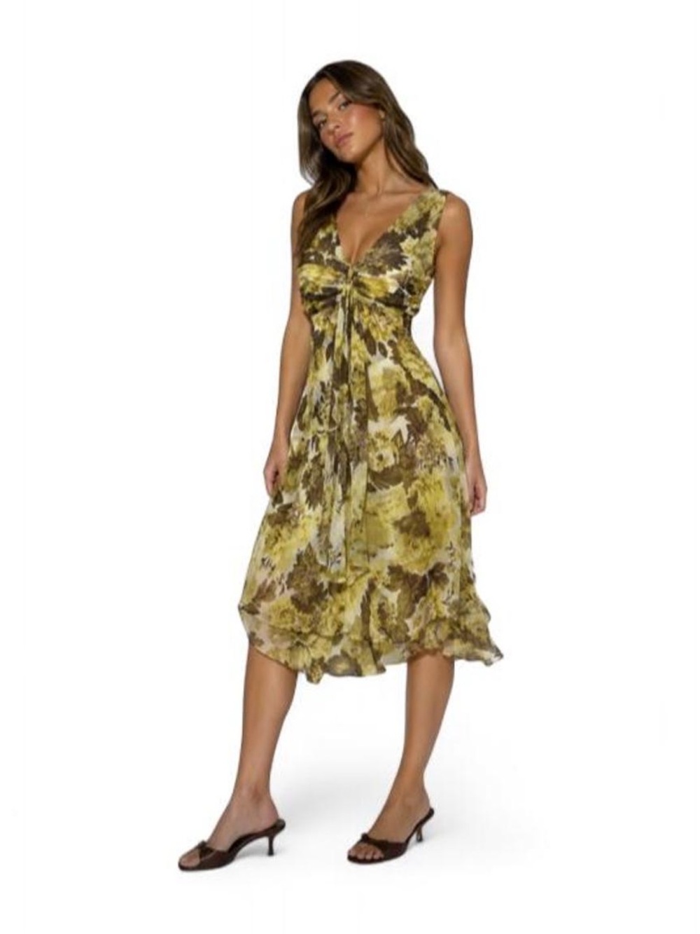 Vintage Yellow Brown Floral 100% Silk Asymmetrical Tiered Flowy Y2K Dress Small*